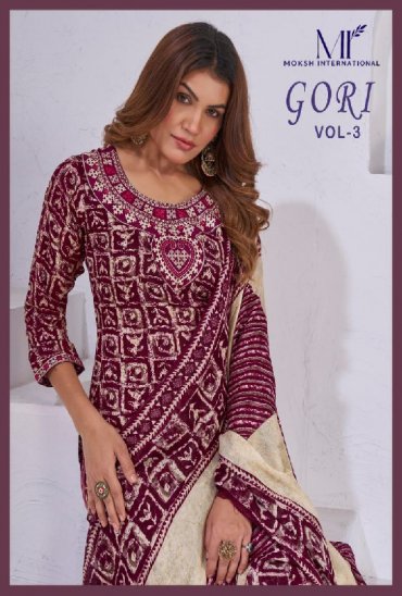 MOKSH GORI VOL 3 WHOLESALE READYMADE RAYON WITH HAND WORK AMAZING 3 PCS SUITS SUPPLIER