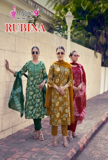 MYSTIC 9 RUBINA VOL 12 WHOLESALE READYMADE RAYON DULL PATTA FANCY STRAIGHT CUT 3 PCS SUITS SUPPLIER