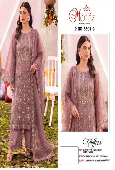 MOTIFZ D.NO 5501 WHOLESALE CHIFFON PAKISTANI GORGEOUS LOOK UNSTITCH SALWAR SUITS SUPPLIER