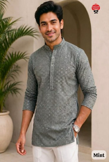TEXTILEDEAL CHIKANKARI 2.0 WHOLEALE READYMADE RAYON CHIKAN WORK STYLISH SHORT KURTA FOR MEN ONLINE