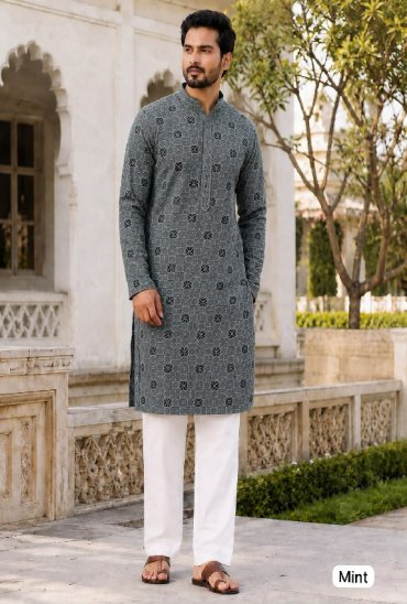 TEXTILEDEAL MANYAVAR CHIKANKARI 3.0 WHOLESALE READYMADE RAYON CHIKAN SHIFFLI WORK LONG KURTA PYJAMA FOR MEN EXPORTER