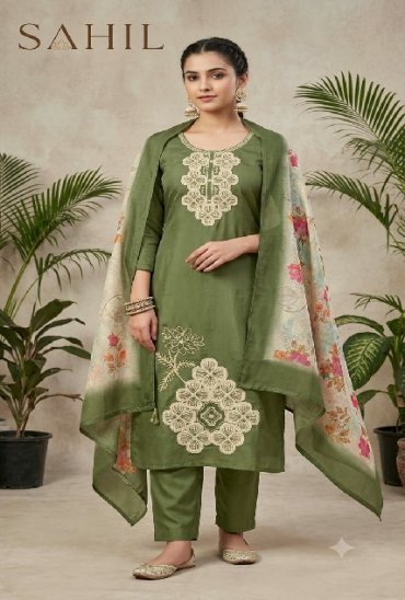 SAHIL PRINTS PRESENT READYMADE ROMAN SILK WITH WORK UNIQUE 3 PCS COMBO SET SUITS EXPORTER