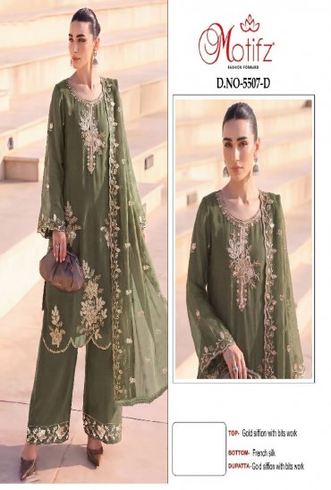 MOTIFZ D.NO 5507 WHOLESALE GOLD CHIFFON BEATS WORK PAKISTANI UNSTITCH SALWAR SUITS EXPORTER
