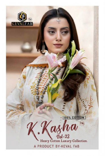 KEVAL FAB K KASHA VOL 23 WHOLESALE READYMADE COTTON PRINTED KARACHI STYLE 3 PCS SUITS SUPPLIER