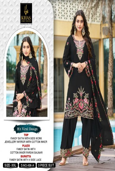 KHAS D.NO 436 WHOLESALE READYMADE ARMANI SATIN BEAUTIFUL WORK 3 PCS SUITS SUPPLIER