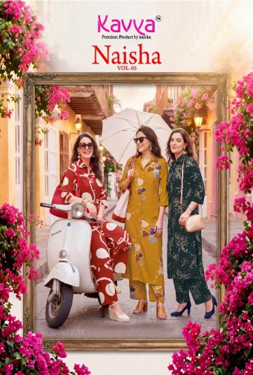 KAVYA NAISHA VOL 5 WHOLESALE READYMADE HEAVY RAYON TRENDY CASUAL WEAR CORD SET FOR EXPORT