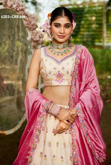 PF SERIES D.NO 6203 WHOLESALE TISSUE WITH WORK FESTIVE WEAR LEHENGA CHOLI FOR EXPORT
