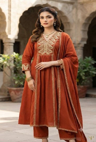 SAHIL PRINTS PRESENT READYMADE MULL CHANDERI EMBROIDERY WORK 3 PCS COMBO SET SUITS FOR EXPORT