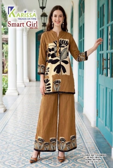 KARISSA SMART GIRL VOL 5 D.NO 151-153-163 TO 167 WHOLESALE READYMADE HEAVY RAYON DIGITAL PRINTED STYLISH LOOK COMBO CORD SET FOR EXPORT