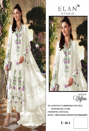 ELAN STUDIO D.NO E-66 WHOLESALE CHIFFON PAKISTANI HIT DESIGN UNSTITCH SALWAR SUITS EXPORTER