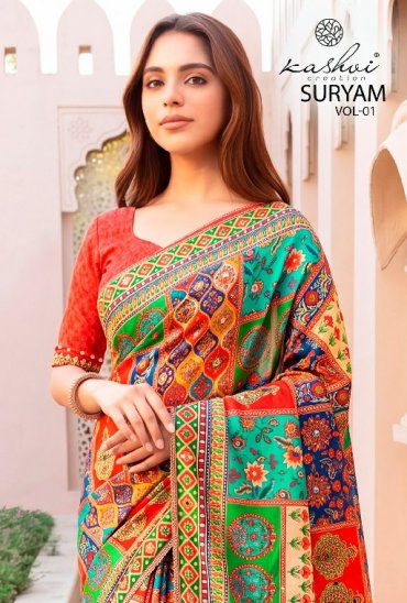 KASHVI CREATION SURYAM VOL 1 WHOLESALE CHINON DIGITAL PRINT WITH MIRROR WORK INDIAN SAREES FOR WOMEN ONLINE