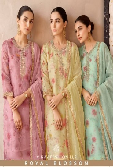 VINAY ROYAL BLOSSOM WHOLESALE ROYAL CRINKLE ELEGANT BEADS WORK UNSTITCH SALWAR SUITS SUPPLIER