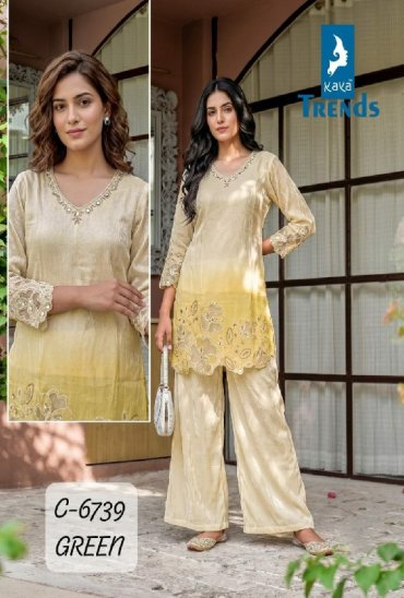 KAYA D.NO 6739 WHOLESALE READYMADE PURE TISSUE SHEDED FANCY CUT WORK COMBO CORD SET FOR EXPORT
