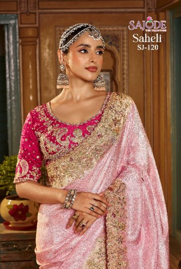 SAJODE SAHELI SILK WHOLESALE PURE VISCOSE HEAVY WORK PARTY WEAR SAREES FOR WOMEN EXPORTER