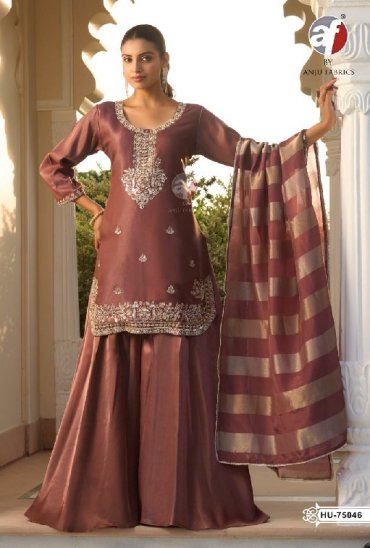 ANJU FAB D.NO HU 75045 TO 75048 WHOLESALE READYMADE HO SHIMMER PARTY WEAR 3 PCS COMBO SET SUITS SUPPLIER