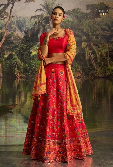 ARYA D.NO DRS-161 WHOLESALE CORAL RED SILK GLAMOURS STYLE LEHENGA CHOLI FOR EXPORT