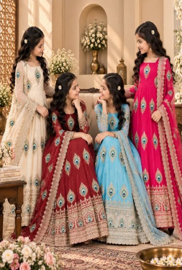 TEXTILEDEAL D.NO 254 WGHOLESALE READYMADE HEAVY FENDY SILK BEAUTIFUL FESTIVE WEAR GOWN WITH DUPATTA FOR KIDS ONLINE