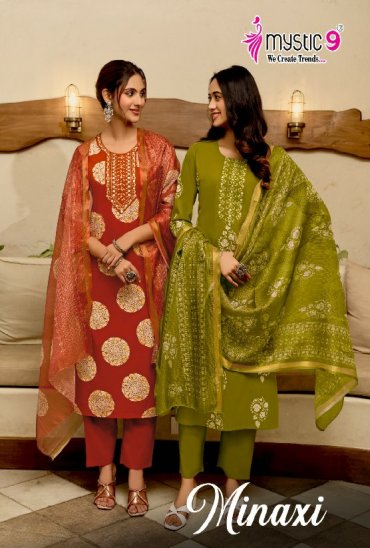 MYSTIC 9 MINAXI VOL 1 WHOLESALE READYMADE PREMIUM COTTON DHABU PRINTED CLASSIC 3 PCS SUITS EXPORTER