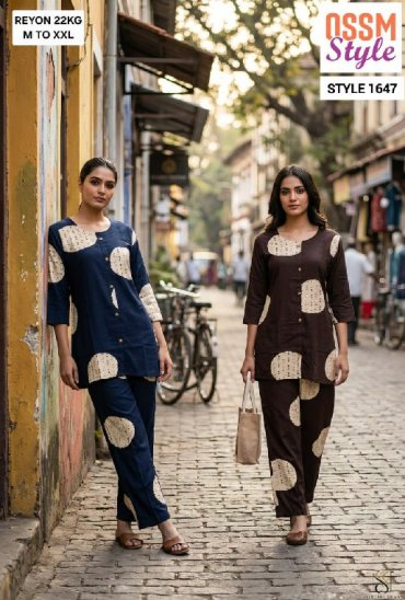 OSSM STYLE D.NO 1646 TO 1650 WHOLESALE READYMADE RAYON PRINTED CASUAL WEAR COMBO CORD SET FOR EXPORT