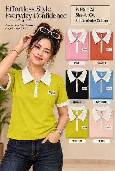 TEXTILEDEAL D.NO 122 WHOLESALE READYMADE FAKE COTTON COLLAR NECK T SHIRT FOR WOMEN EXPORTER