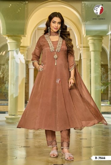ANJU FAB D.NO B 3844 WHOLESALE READYMADE CHINON CHIFFON TRENDY FLARED STYLE 3 PCS COMBO SET SUITS EXPORTER