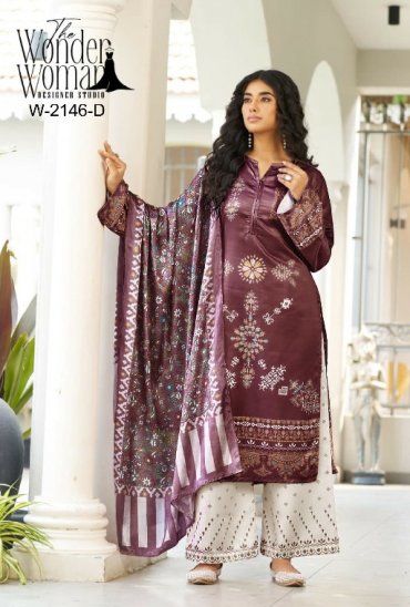 WONDER WOMAN D.NO 2146 COLORS WHOLESALE READYMADE ARMANI SATIN CLASSIC PAKISTANI 3 PCS COMBO SET SUITS SUPPLIER