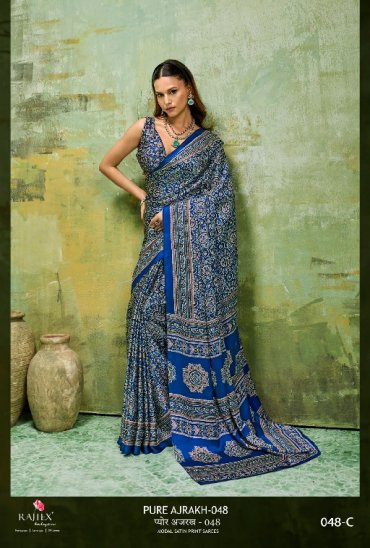 RAJTEX PURE AJRAKH VOL 48 WHOLESALE MODAL SATIN AJRAKH PRINT CASUAL WEAR SAREES FOR WOMEN SUPPLIER