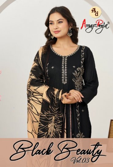 AMAR POOJA BLACK BEAUTY VOL 3 WHOLESALE RAYON WITH WORK FANCY DESIGN UNSTITCH SALWAR SUITS FOR EXPORT