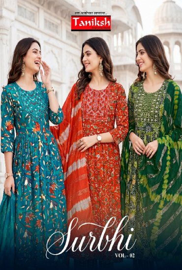 TANIKSH SURBHI VOL 2 WHOLESALE READYMADE RAYON WITH WORK BEST DESIGN 3 PCS SUITS EXPORTER