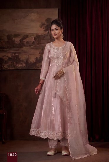 RANGOON D.NO 1019 TO 1022 WHOLESALE READYMADE TISSUE SHIMMER ANARKALI STYLE EXCLUSIVE 3 PCS COMBO SET SUITS EXPORTER