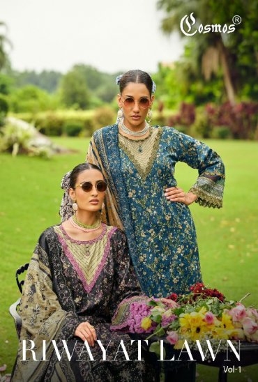 COSMOS RIWAYAT LAWN VOL 1 WHOLESALE COTTON CHIKANKARI EMBROIDERED UNSTITCH SALWAR SUITS EXPORTER