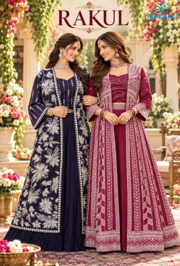 MRUDANGI RAKUL WHOLESALE READYMADE REAL CHINON SILK PARTY WEAR INDO WESTERN DRESS FOR WOMEN ONLINE