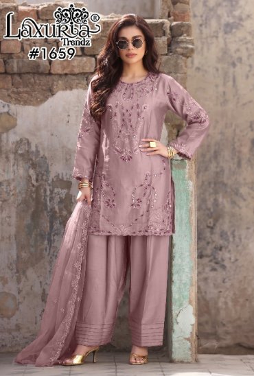 LAXURIA TRENDZ D.NO 1659 WHOLESALE READYMADE JAM SATIN ELEGANCE 3 PCS SUITS EXPORTER