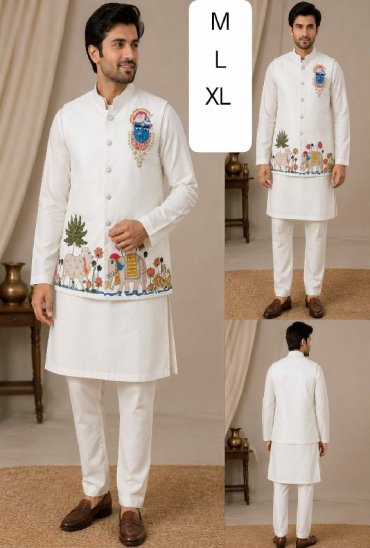 VENMER SHRINATHJI WHOLESALE READYMADE MALAI SATIN UNIQUE DESIGNER KOTI KURTA WITH PYJAMA FOR MEN ONLINE