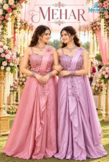 MRUDANGI MEHAR WHOLESALE REAL SATIN READY TO WEAR DESIGNER SAREES FOR WOMEN SUPPLIER