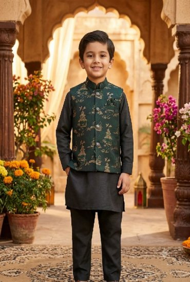 VENMER LAUNCH READYMADE OCCASION WEAR SILK KURTA PYJAMA WITH JACQUARD KOTI FOR KIDS ONLINE