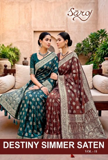 SAROJ DESTINY SIMMER SATIN VOL 1 WHOLESALE TISSUE SATIN FESTIVE WEAR INDIAN SAREES FOR WOMEN EXPORTER