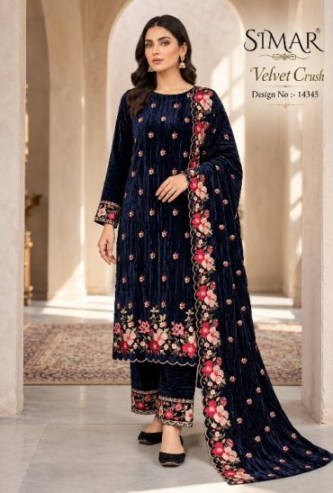 GLOSSY SIMAR VELVET CRUSH D.NO 14345 WHOLESALE VELVET WINTER SPECIAL UNSTITCH SALWAR SUITS EXPORTER