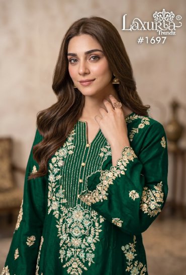 LAXURIA TRENDZ D.NO 1697 WHOLESALE READYMADE RAYON SATIN DESIGNER 3 PCS SUITS FOR EXPORT