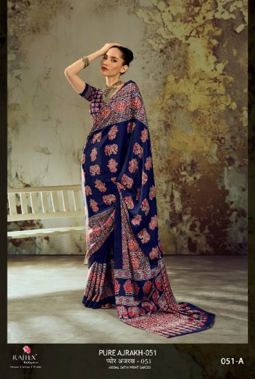 RAJTEX PURE AJRAKH VOL 51 WHOLESALE MODAL SATIN AJRAKH PRINT STYLISH LOOK INDIAN SAREES FOR WOMEN EXPORTER