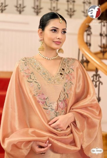 ANJU FAB D.NO HU 75098-75100 WHOLESALE READYMADE ZIRAF FESTIVE WEAR A LINE CUT 3 PCS COMBO SET SUITS SUPPLIER