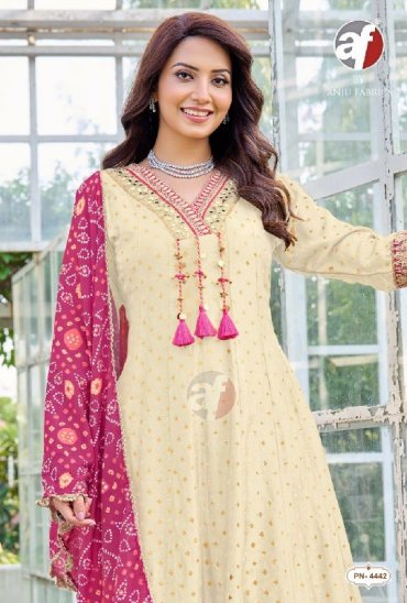 ANJU FAB D.NO PN 4441 TO 4443 WHOLESALE READYMADE DOLA RUSSIAN DESIGNER ANARKALI 3 PCS COMBO SET SUITS EXPORTER