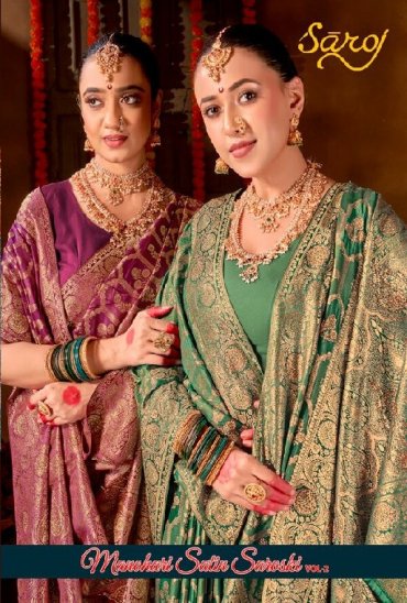 SAROJ MANOHARI SATIN SAROSKI VOL 2 WHOLESALE PURE SATIN SILK FUNCTION WEAR INDIAN SAREES FOR WOMEN EXPORTER