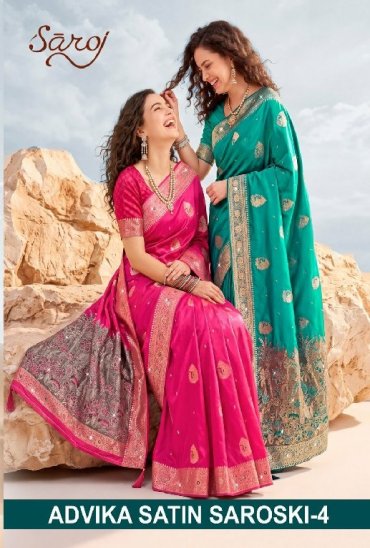 SAROJ ADVIKA SATIN SAROSKI VOL 4 WHOLESALE PURE SATIN SILK OCCASION WEAR INDIAN SAREES FOR WOMEN EXPORTER