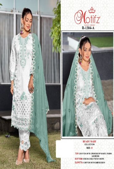 MOTIFZ D.NO 1304 WHOLESALE READYMADE CHIFFON WITH WORK PAKISTANI 3 PCS SUITS EXPORTER