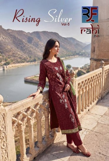 RAHI FAB RISING SILVER VOL 5 WHOLESALE PURE COTTON BEAUTIFUL HAND WORK UNSTITCH SALWAR SUITS SUPPLIER
