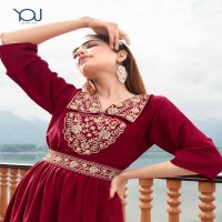 YOU BY WANNA CHARMY FANCY WORK RAYON KURTI GOWN WITH BELT CATALOG