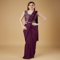 AMOHA 101114 PARTY WEAR DESIGNER READY TO WEAR FRILL SHIMMER SAREES WITH SEQUIN WORK BLOUSE