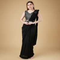 AMOHA 101114 PARTY WEAR DESIGNER READY TO WEAR FRILL SHIMMER SAREES WITH SEQUIN WORK BLOUSE