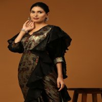 AMOHA 101110 FANCY READY TO WEAR FLORAL RUFFLE BORDER SAREE WITH ORGANZA PRINTED BLOUSE CATALOG